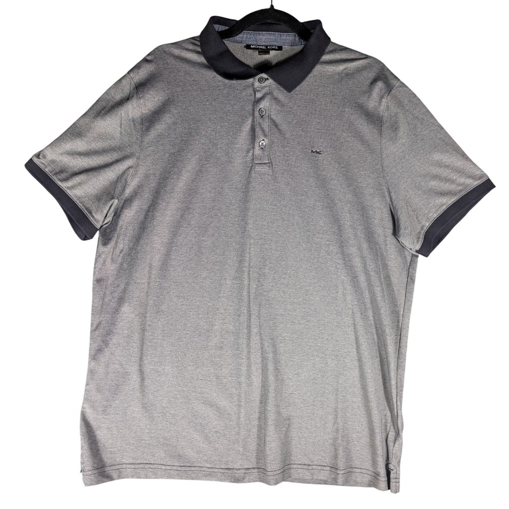 Michael Kors Men's XL Gray Short Sleeve Polo Shirt Navy Contrast Trim Slim Fit